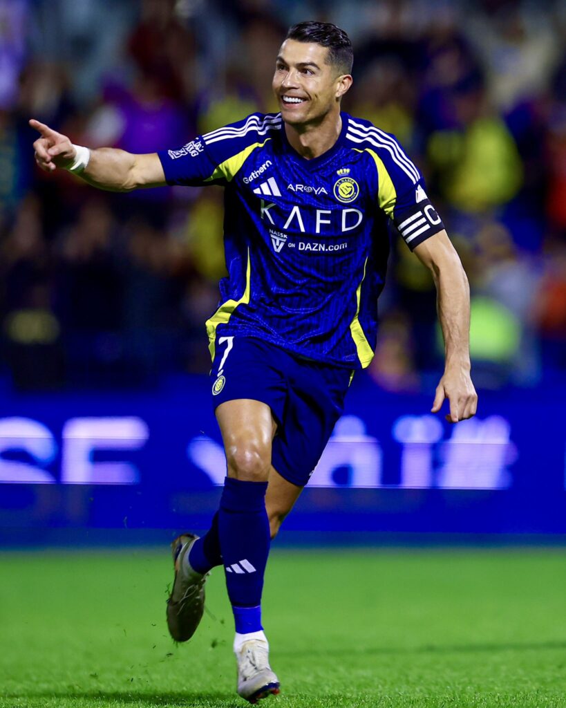 Ronaldo Explode: Topping the Saudi Goal Charts with 2 Goals Against Al Khaleej. 1 Ronaldo Celebrating