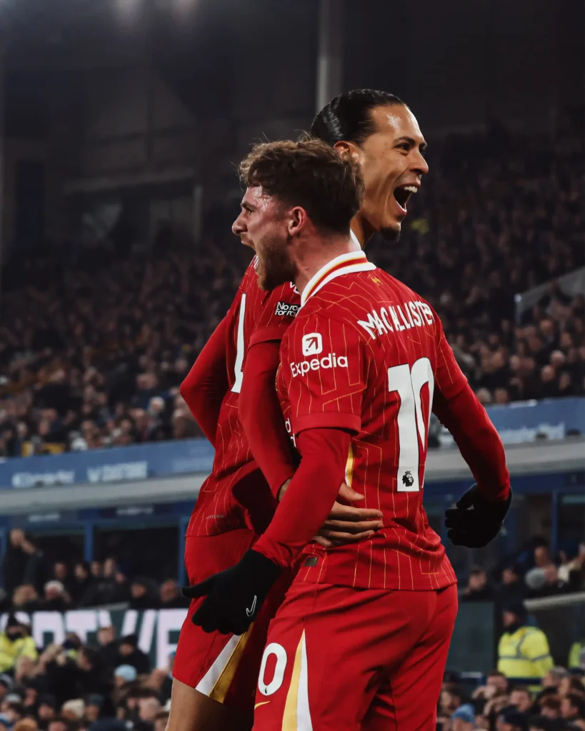 Heartbreak at Goodison: Liverpool's Last-Gasp Draw in Final Merseyside Derby 2 Allister and Van Dijk Celebrating at Goodison Park