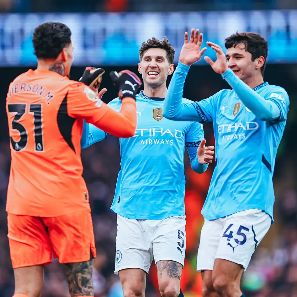 Dominant Marmoush's Hat-Trick Propels Man City to Top-Four Triumph Over Newcastle 2 Ederson celebrating his perfect assist