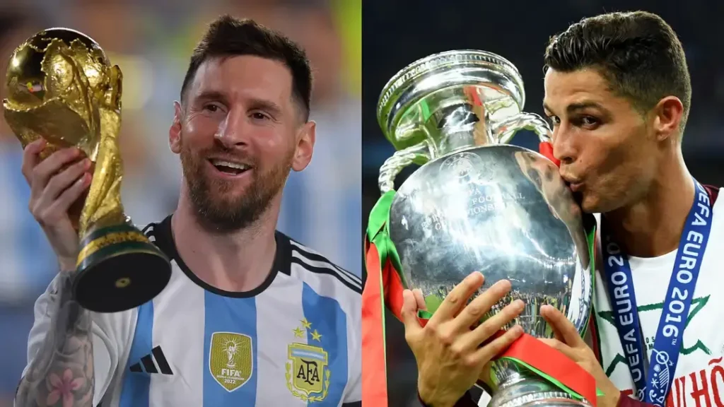 Shocking Revelation: Cristiano Ronaldo Claims to be the Ultimate GOAT Over Messi, Maradona, and Pelé 2 Messi with World Cup and Ronaldo With The Euro
