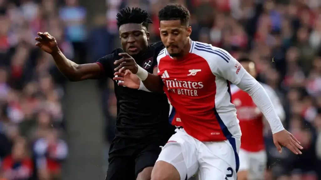 Arsenal's Title Hopes Dented: A Shambolic Display Against West Ham 1 Arsenal's William Saliba with West Ham players